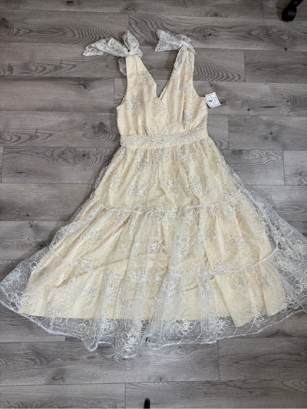 Just Me Ivory Lace Tiered Midi Dress with Tie Shoulders
